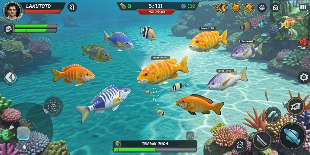 Tampilan gameplay LAKUTOTO dengan aksi menembak ikan yang seru.
