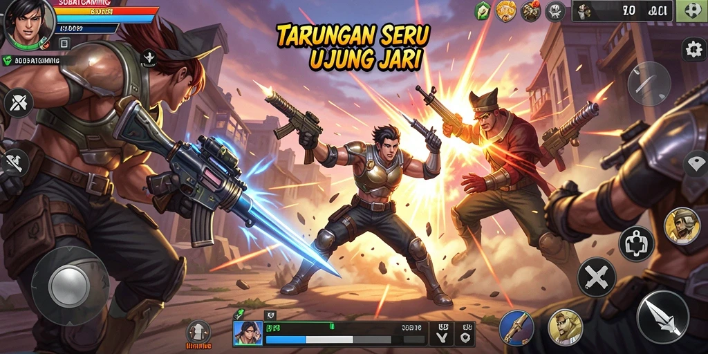 Tampilan seru pertarungan dalam SOBATGAMING dengan karakter yang menonjol.